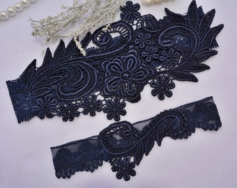 Bridal Dark Blue Venice Lace Flower Appliques Garter Set, Wedding Blue Lace Garter Navy Bridal Garter Set Something Blue Handmade Garters