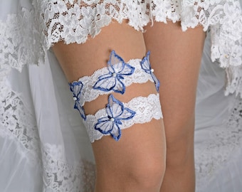 Personalized white and blue bridal garter set lace wedding garter bridal lace garter set handmade navy blue wedding butterfly garters set