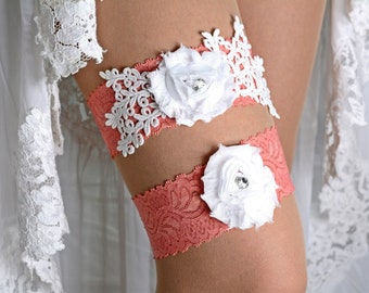 Wedding garter set white & coral lace crystal, wedding garter plus size  lace lingerie garter for brides white wedding set bridal garter set