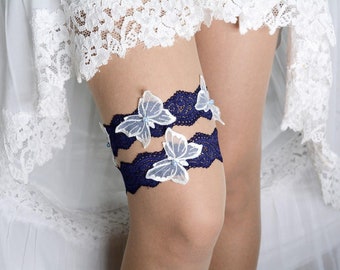 Navy blue stretch lace white wedding garter for brides white butterflies bridal garter amazing modern garter set handmade navy summer garter