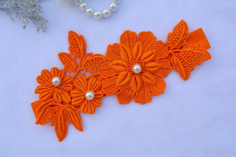 Orange Flower Lace Wedding Garters Bridal Garter Set, Wedding Garter Set, Bridal Garter Lace Orange Garter Set Bridal Garter Set Prom Garter image 2