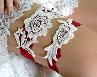 Burgundy wedding garter set for brides ivory lace bridal garter lace red, burgundy bridal garter, wedding garter dark red soft floral garter