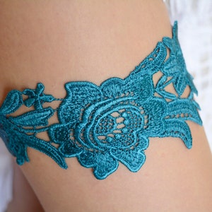 Teal blue custom size and colors bridal elegant gift for brides bridesmaid teal flower something blue teal lace garter set wedding clothing image 2