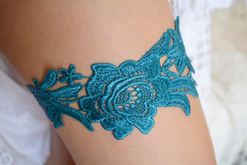 Teal blue custom size and colors bridal elegant gift for brides bridesmaid teal flower something blue teal lace garter set wedding clothing image 2