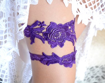 Wedding garters purple lace flower appliques & stretcy lace bridal garter set summer wedding garter wedding garter purple bridal garter plum