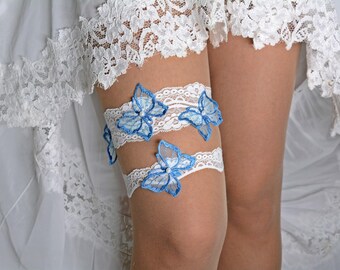 Ivory blue lace wedding garter set for brides bridal lace garter set, handmade something blue wedding gift lingerie garter butterfly garters