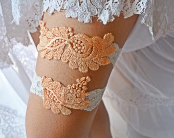 Peach White Garter Set Bridal Garter Blush Wedding Garter Set Wedding Clothing Blush Peach Lace Garter Wedding Unique Bridal Gift Garters