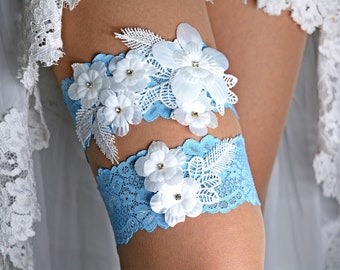 Sky blue & 3D off white flower wedding rhinestones garter set for brides, lace garter white wedding garter lace bridal garters toss garter