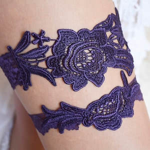 Dark purple garter lace garter, wedding purple garter set, bridal deep purple garter for brides, dark lavender gifts deep purple garter sets image 1