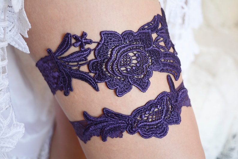 Dark purple garter lace garter, wedding purple garter set, bridal deep purple garter for brides, dark lavender gifts deep purple garter sets image 1