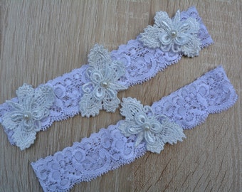 Butterflies White Wedding Garter set For Unique Bride Bridal Garter Set, White Prom Butterfly Garter, Bridal Lace Garters For Wedding Party (en)