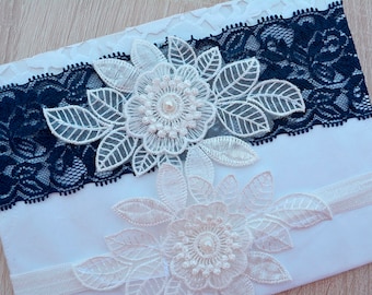 Something Blue Navy Bridal Garter For Wedding, Bridal Lace Garter Set, Dark Blue White Wedding Garter Set, Blue Garters Wedding For Brides