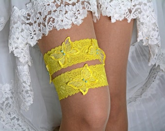 Yellow lace bridal garter set for wedding, bride gift yellow, wedding garters, handmade garters lace garter set butterfly garters set bridal