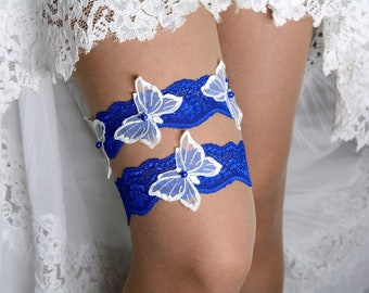 Royal blue lace bridal garter set butterfly bride gift, wedding garter blue,summer garters lace blue white bridal butterfly garters lingerie