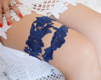 Navy blue wedding flower lace garter set blue bridal garter belt, navy blue bridal garters handmade wedding accessories navy for wedding