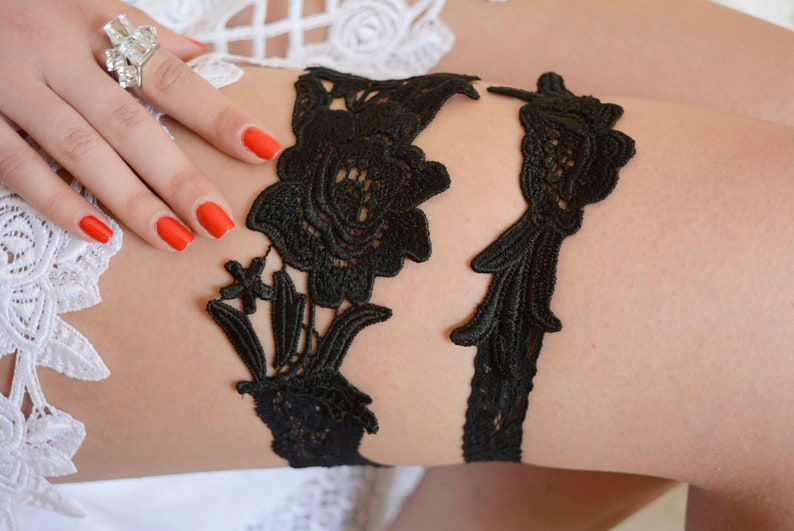 Black garter set goth black bridal garter bridal accessories lace garter set wedding handmade garter belt sexy toss garters black image 2