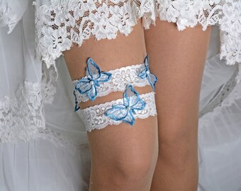 Butterflies summer wedding accessories garter set white and teal blue bridal lace garter set lingerie blue brides turquoise butterfly garter