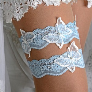 Pale blue lace bridal garter set butterfly bride gift, wedding garter blue boho summer garters blue white garter butterfly garters lingerie image 3