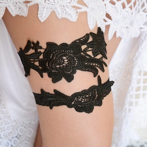 Black lace wedding garter set gifts for brides bridal garter black flower lace garter black bridal gift handmade wedding bridal accessories image 1