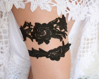 Black lace wedding garter set gifts for brides bridal garter black flower lace garter black bridal gift handmade wedding bridal accessories