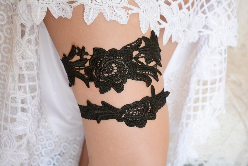 Black lace wedding garter set gifts for brides bridal garter black flower lace garter black bridal gift handmade wedding bridal accessories image 1