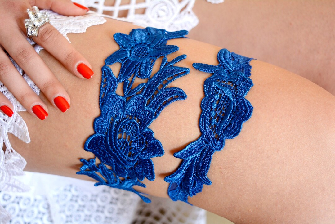 Blue Garter For Bride Bridal Wedding Garter Set - Lace & Satin , Something  Blue, Wedding Accessory Gift (Navy) Elastic Leg Garter