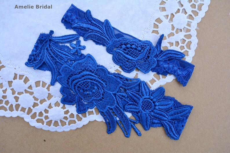 Wedding Royal Blue Lace Garter Set Bridal Blue Garter Belt Etsy