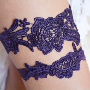 Dark purple lace garter set bridal gift, wedding purple garter set, bridal garter purple for brides, lavender garter deep purple garter set image 1