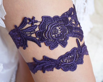 Dark purple lace garter set bridal gift, wedding purple garter set, bridal garter purple for brides, lavender garter deep purple garter set