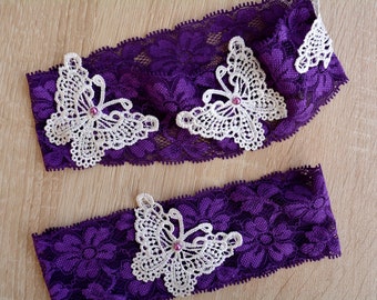 Purple Wedding Garter Set Lace, Bridal Garter Set, Prom Butterfly Garter, Bridal Purple Lace Garter, Plum Personalized Wedding Garters Set