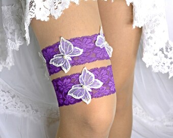 Purple lace bridal garter set lingerie for brides wedding plus size womens handmade purple ivory butterflies bridesmait lavender toss garter