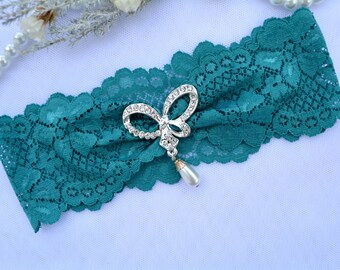 Teal Green Lace Clear Bow Rhinestones Wedding Garter Set Elegant, Bridal Garter Set For Wedding Teal, Wedding Gift Garters Set Belt Bridal