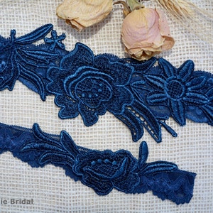 Dark Teal Blue Wedding Garter Set, Unique Bridal Garter Teal Blue Lace Bridal Garters, Teal Handmade Garter Something Blue Bride Toss Garter