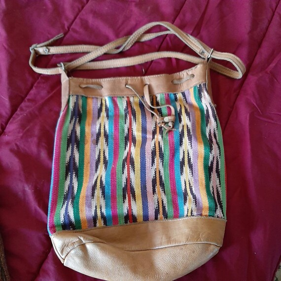 Colorful IKAT woven stripe  leather drawstring bag - image 2