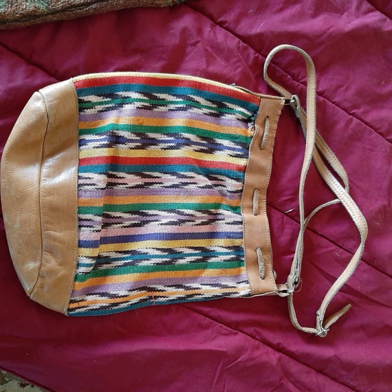 Colorful IKAT woven stripe  leather drawstring bag - image 1