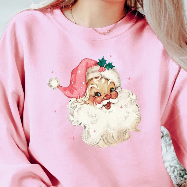 Retro Santa Sweatshirt, Pink Christmas Sweater, Christmas Sweatshirt, Holiday Sweatshirt, Vintage Holiday Shirt, Cute Santa Shirts