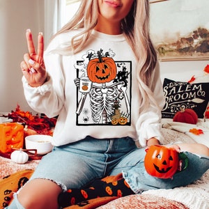 Skeleton Sweatshirt, Halloween Sweatshirt, Fall Sweatshirt, Fall Crewneck, Skeleton Coffee Shirt, Pumpkin Sweatshirt, Pumpkin Shirt