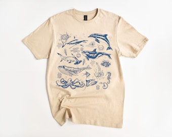 Camiseta vintage con animales marinos / Camiseta retro con estampado de vida marina / Camiseta costera estilo años 90 / Camiseta con delfines, ballenas y tortugas / Camiseta de regalo para amantes del océano
