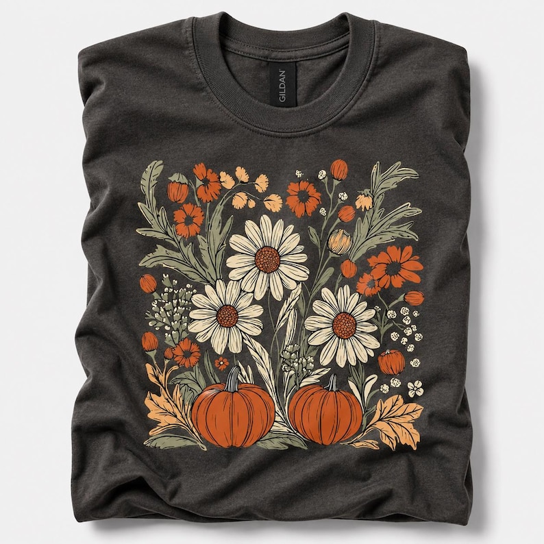 May include: A dark charcoal gray crew neck t-shirt featuring a screen-printed graphic of two orange pumpkins surrounded by a variety of white daisies, orange flowers, and muted green foliage. The Gildan brand label is visible at the inner neckline.