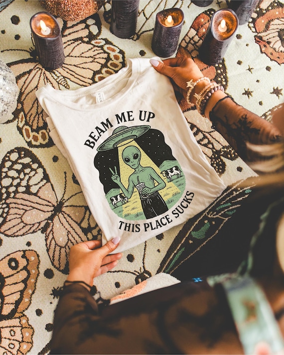 Alien Aesthetic T-Shirt | Funny Space Graphic Tee | Retro UFO Shirt | Cozy Witchy Apparel | Cow Print Alien Gift | Boho Alien Shirt