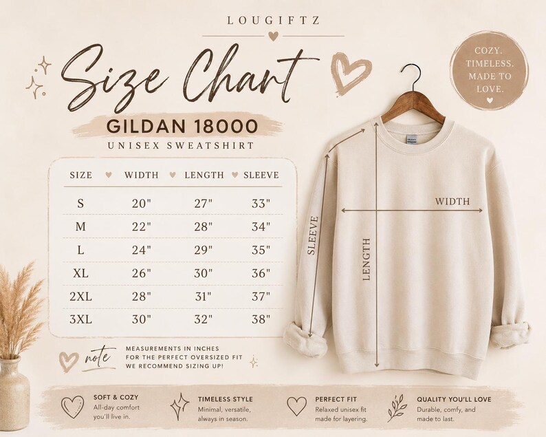 Może przedstawiać: Tabela rozmiar&oacute;w bluzy unisex Gildan 18000 przedstawiająca beżową bluzę z okrągłym dekoltem na drewnianym wieszaku. Tabela zawiera wymiary szerokości, długości i rękawa w calach dla rozmiar&oacute;w od S do 3XL wraz ze strzałkami wskazującymi pomiary.