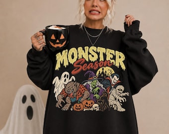 Bluza z nadrukiem retro halloweenowego potwora | Bluza z okrągłym dekoltem w stylu vintage | Klasyczna bluza halloweenowa | Jesienna, wygodna, oversize'owa koszula | Bluzka z upiornym nadrukiem
