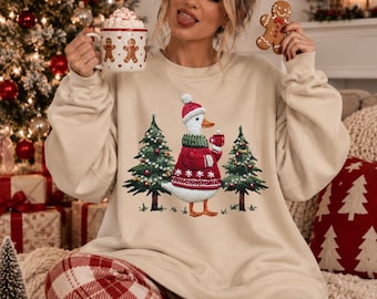 Uroczy sweter świąteczny z gęsią | Zabawny świąteczny okrągły dekolt | Sweter w stylu retro ze zwierzętami | Przytulny prezent na zimę | Świąteczny sweter z gęsią