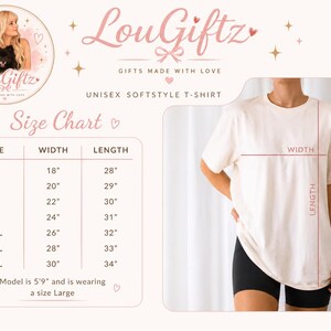 May include: Cream-colored unisex softstyle t-shirt. The image includes a size chart with measurements in inches for sizes S to 4XL. The model is 5'9" and wearing a size Large. The brand logo is "LouGiftz, GIFTS MADE WITH LOVE".