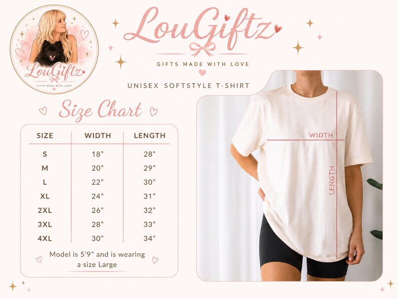 May include: Cream-colored unisex softstyle t-shirt. The image includes a size chart with measurements in inches for sizes S to 4XL. The model is 5'9" and wearing a size Large. The brand logo is "LouGiftz, GIFTS MADE WITH LOVE".