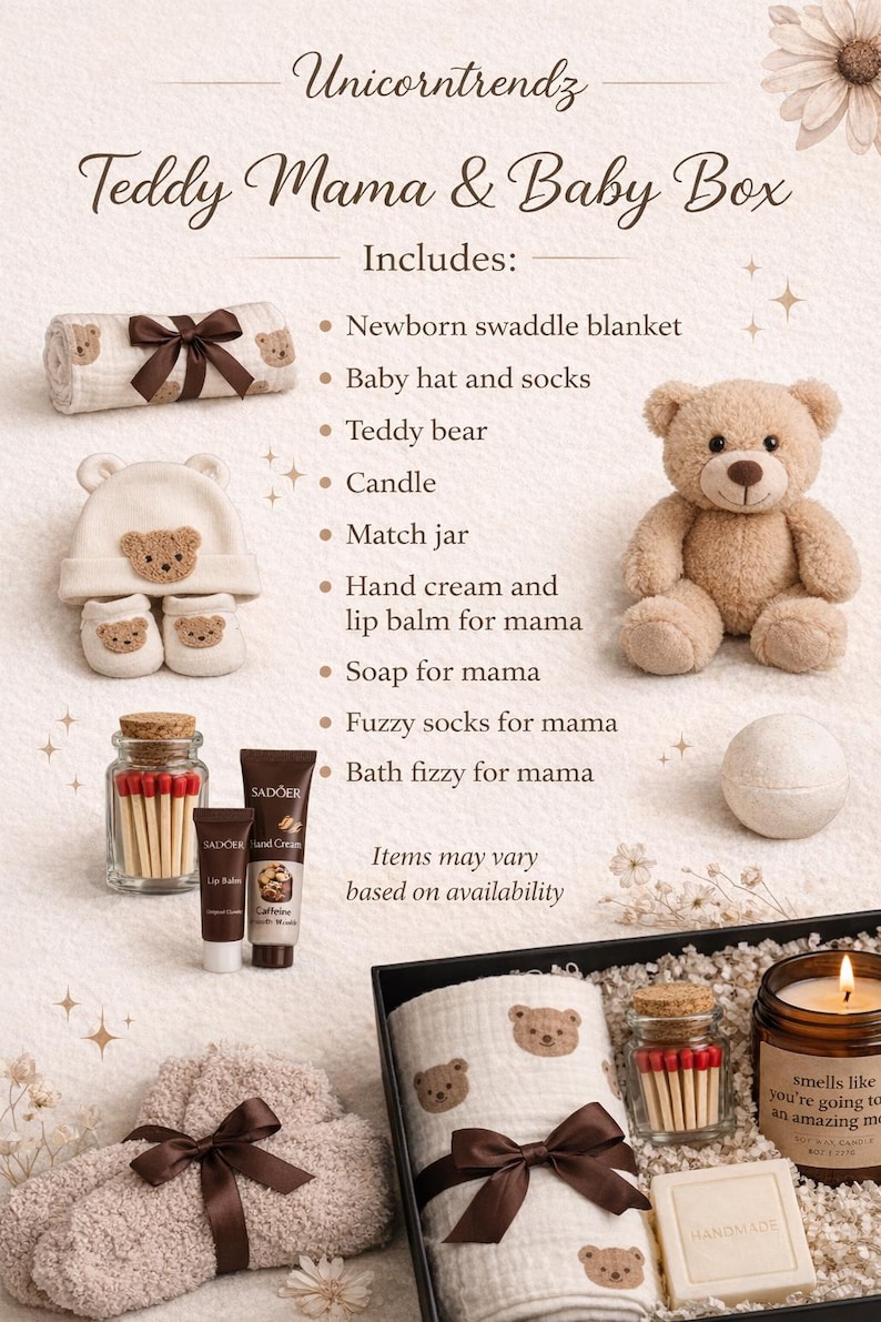 Teddy Bear Baby Gift Box | Neutral Baby Shower Gift | New Mom Gift Box ...
