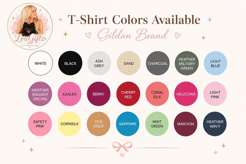 May include: Image displays a color chart for Gildan brand t-shirts. Colors include white, black, ash grey, sand, charcoal, heather military green, light blue, heather radiant orchid, azalea, berry, cherry red, coral silk, heliconia, light pink, safety pink, cornsilk, old gold, sapphire, mint green, maroon, and heather navy.