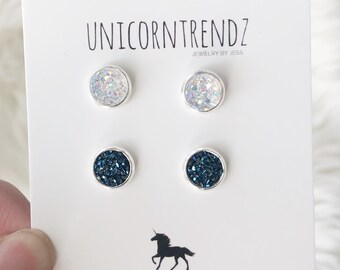 Tiny Earrings, Glitter White Earrings, Dark Blue Studs, Tiny Studs, Tiny Earring Gift, Silver Earring Studs, Petite Earrings, Small Earrings