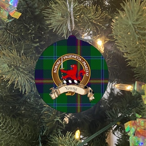 Young Family Christmas Ornament - Scottish Clan Crest with Tartan  - Hardboard Print - Single Sided
