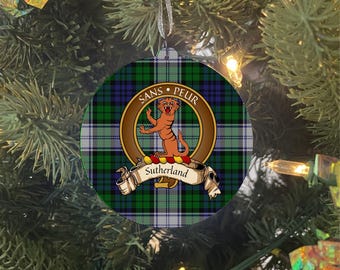Sutherland Family Christmas Ornament - Scottish Clan Crest with Tartan  - Hardboard Print - Single Sided